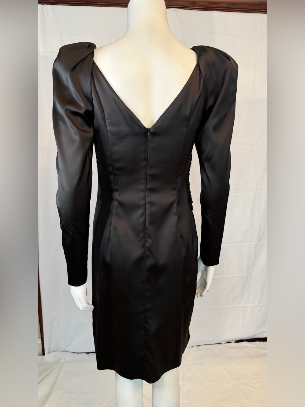 David Meister Black Satin Long-Sleeve Sheath Dress with Draped Waist - Picture 5 of 7